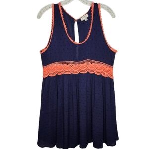 Umgee Navy Swiss Dot Babydoll Dress Coral Lace Empire Waist Boho M Summer